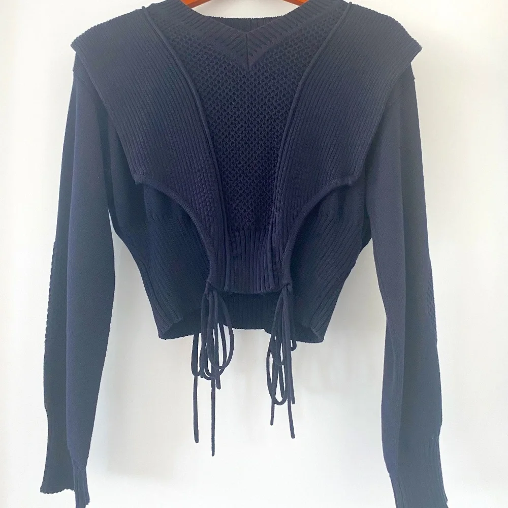 Fendi Knitwear Pullover- Tie-Detailed Paneled Cotton Sweater- Navy Blue - Picture 1 of 6